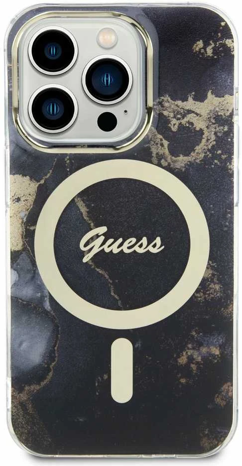 Guess GUHMP14LHTMRSK Apple iPhone 14 Pro 6.1″ juodos spalvos kietas dėklas Golden Marble MagSafe