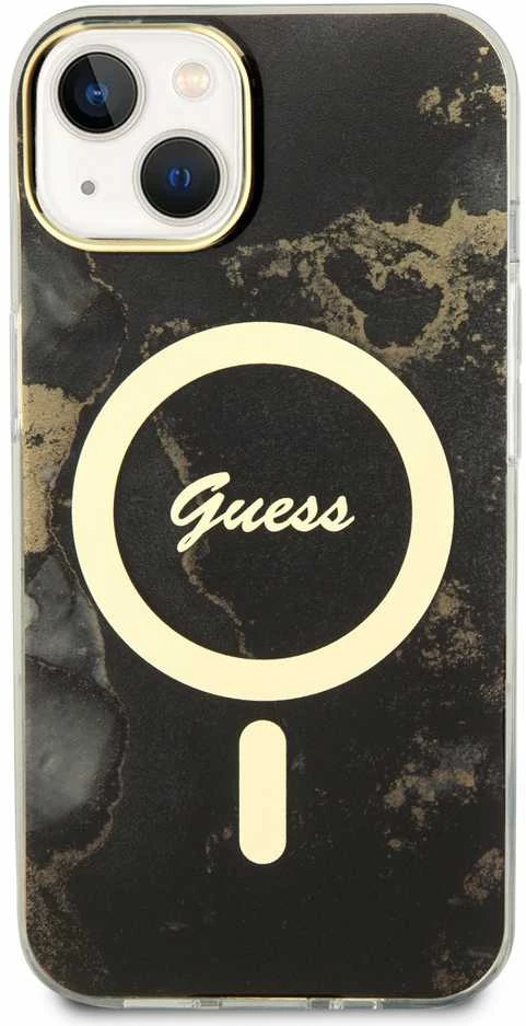 Guess GUHMP14SHTMRSK Apple iPhone 14 / 15 / 136.1″ juodos spalvos kietas dėklas Golden Marble MagSafe