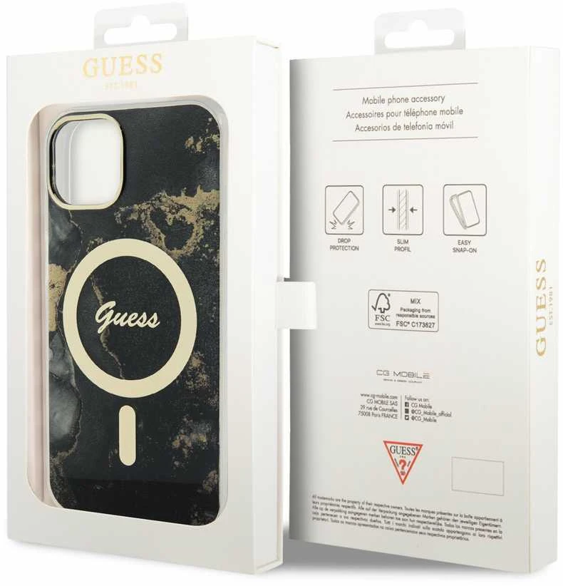 Guess GUHMP14SHTMRSK Apple iPhone 14 / 15 / 136.1″ juodos spalvos kietas dėklas Golden Marble MagSafe