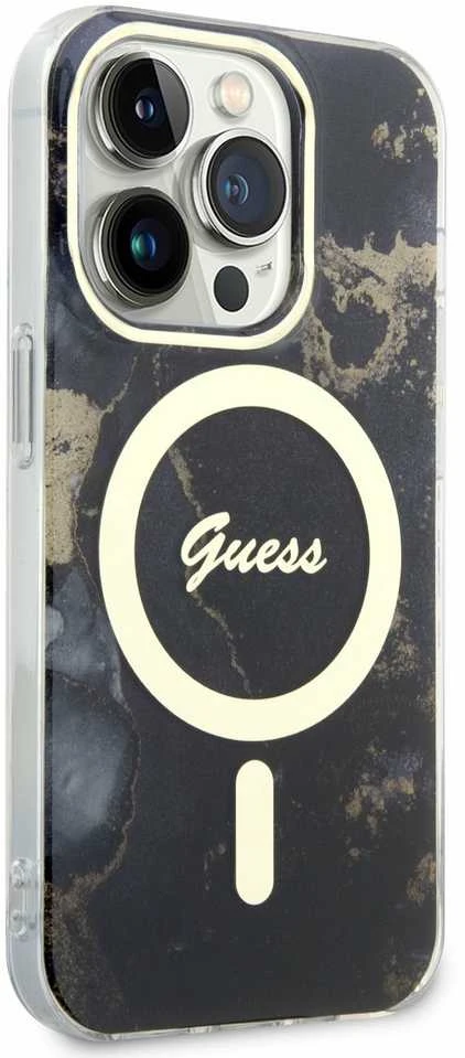Guess GUHMP14LHTMRSK Apple iPhone 14 Pro 6.1″ juodos spalvos kietas dėklas Golden Marble MagSafe
