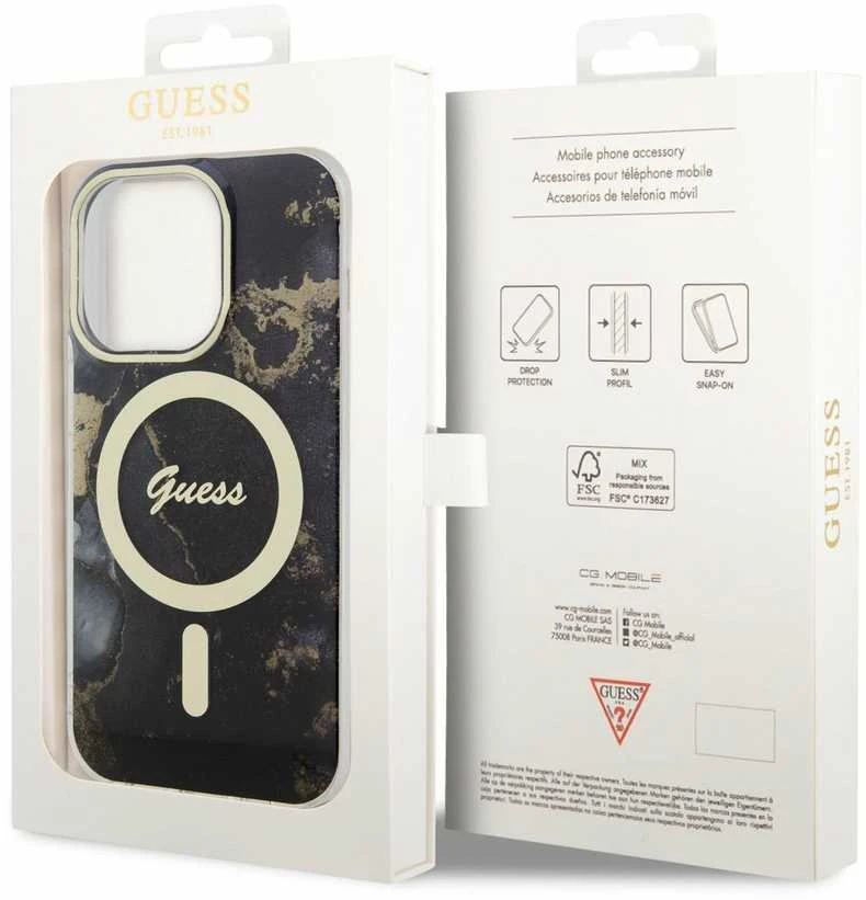 Guess GUHMP14LHTMRSK Apple iPhone 14 Pro 6.1″ juodos spalvos kietas dėklas Golden Marble MagSafe
