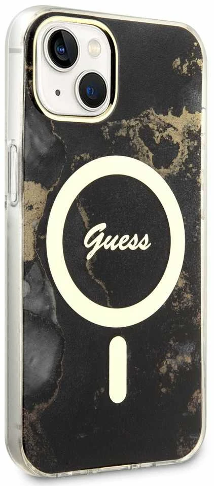 Guess GUHMP14SHTMRSK Apple iPhone 14 / 15 / 136.1″ juodos spalvos kietas dėklas Golden Marble MagSafe