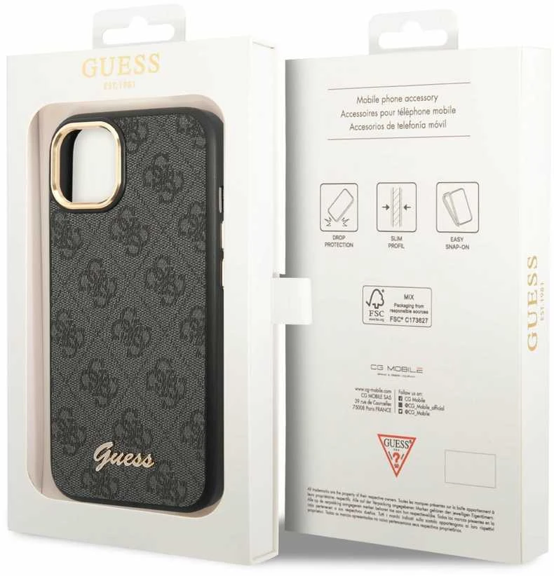 Guess GUHCP14MHG4SHK Apple iPhone 14 Plus / 15 Plus 6.7″ juodos spalvos kietas dėklas 4G Vintage Gold Logo
