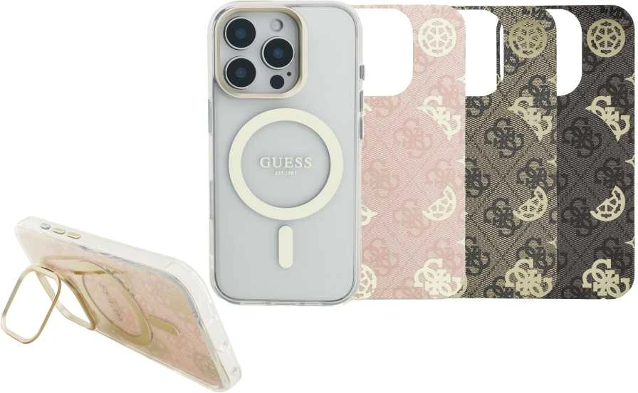 „Guess“ PC/TPU galvanizuoto stovo kameros rėmelis „MagSafe“ dėklas su keičiamais fonais, skirtas „Apple iPhone 16 Pro“