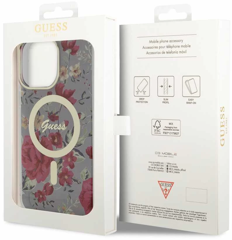 Guess GUHMP14XHCFWSA Apple iPhone 14 Pro Max 6.7″ khaki kietas dėklas Flower MagSafe