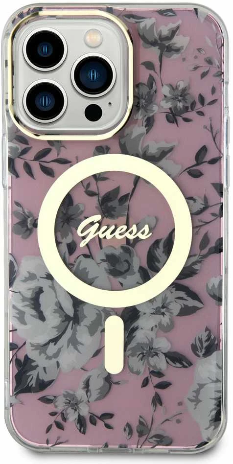 Guess GUHMP14XHCFWSP Apple iPhone 14 Pro Max 6.7″ rožinės spalvos kietas dėklas Flower MagSafe