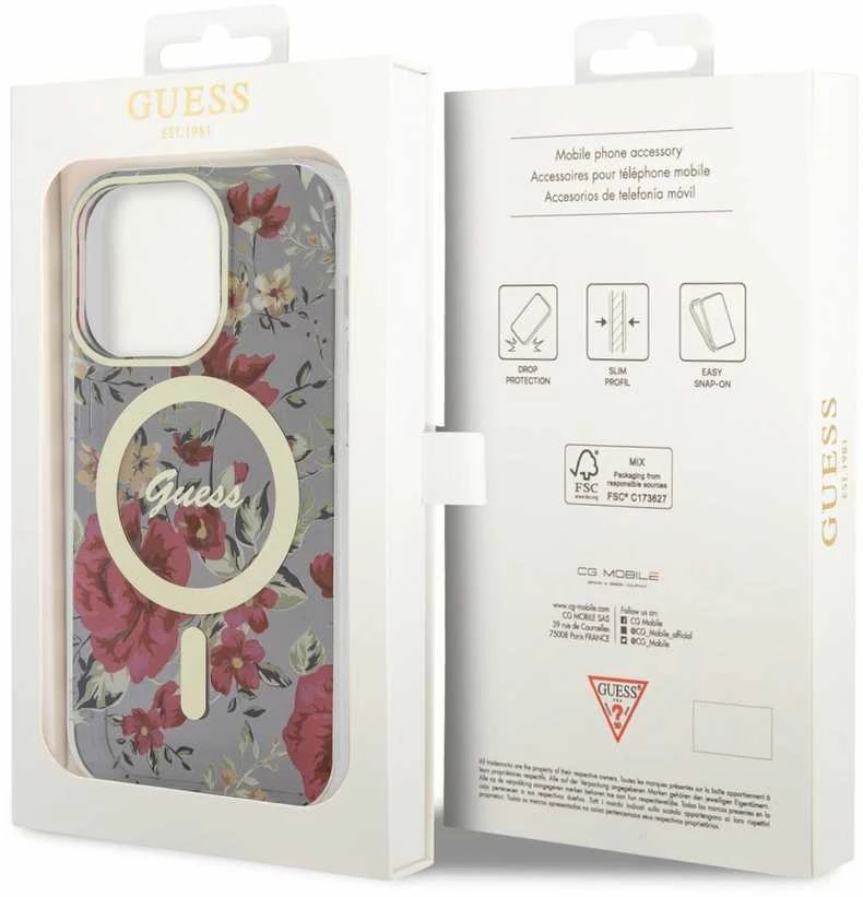 Guess GUHMP14LHCFWSA Apple iPhone 14 Pro 6.1″ khaki kietas dėklas Flower MagSafe