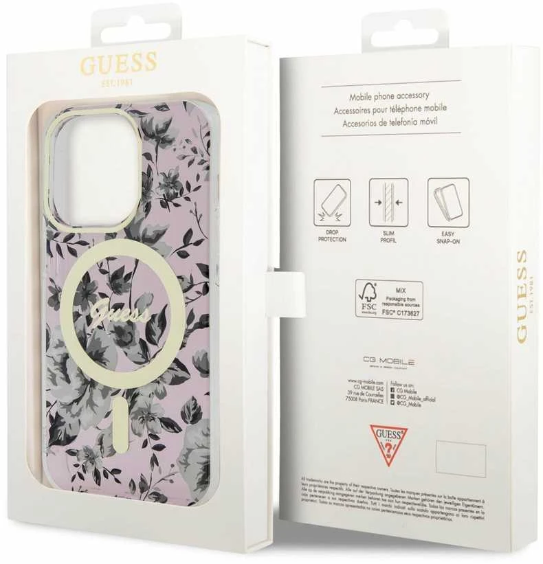 Guess GUHMP14LHCFWSP Apple iPhone 14 Pro 6.1″ rožinės spalvos kietas dėklas Flower MagSafe