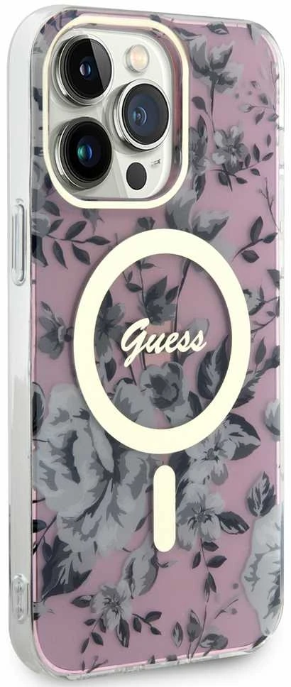 Guess GUHMP14XHCFWSP Apple iPhone 14 Pro Max 6.7″ rožinės spalvos kietas dėklas Flower MagSafe