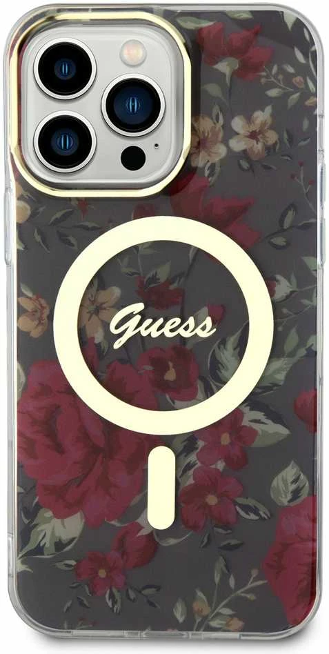 Guess GUHMP14XHCFWSA Apple iPhone 14 Pro Max 6.7″ khaki kietas dėklas Flower MagSafe