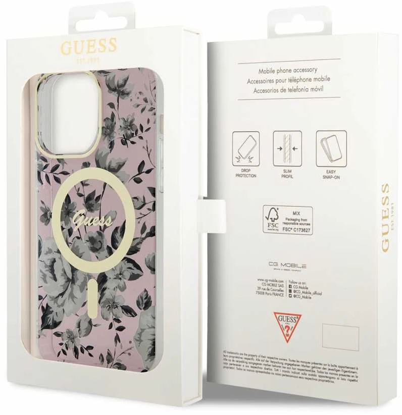 Guess GUHMP14XHCFWSP Apple iPhone 14 Pro Max 6.7″ rožinės spalvos kietas dėklas Flower MagSafe