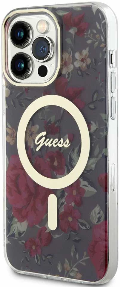 Guess GUHMP14XHCFWSA Apple iPhone 14 Pro Max 6.7″ khaki kietas dėklas Flower MagSafe