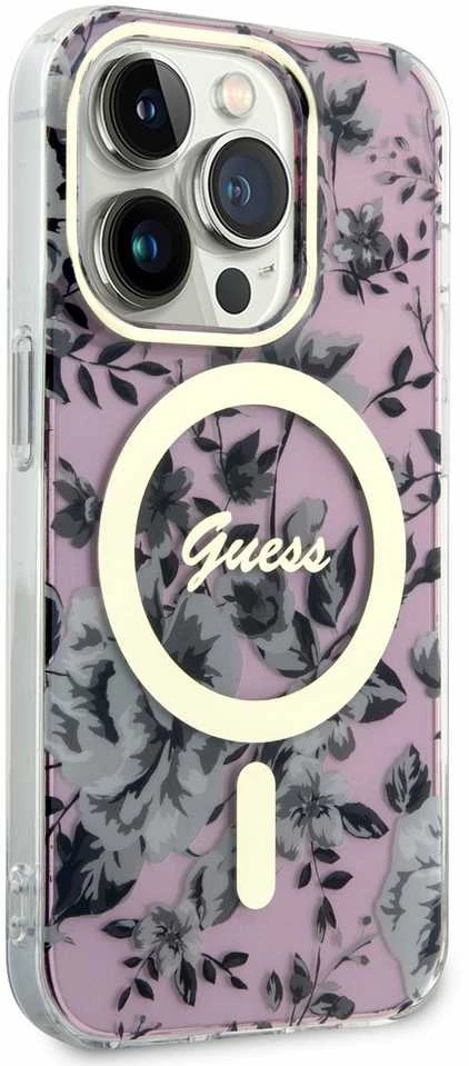 Guess GUHMP14LHCFWSP Apple iPhone 14 Pro 6.1″ rožinės spalvos kietas dėklas Flower MagSafe