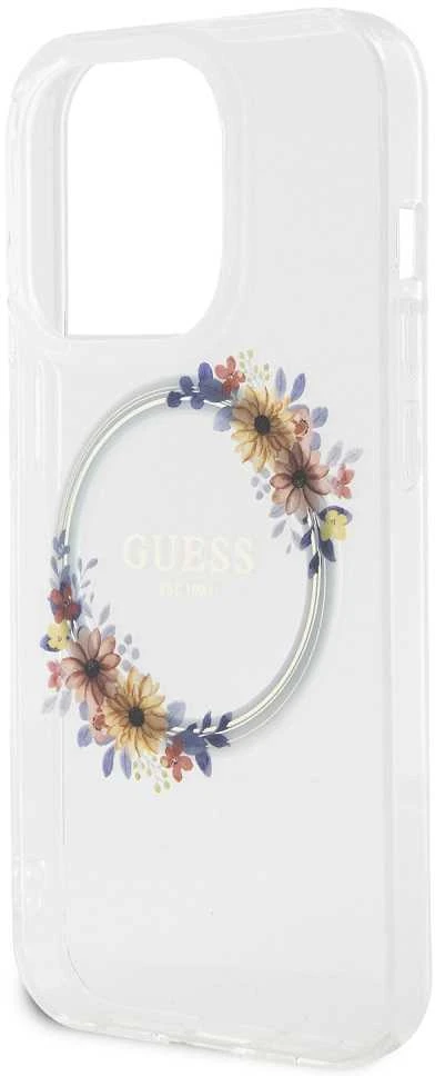 GUESS GUHMP15XHFWFFCT IPHONE 15 PRO MAX 6,7 col. permatomas kietas dėklas IML FLOWERS WREATCH MAGSAFE