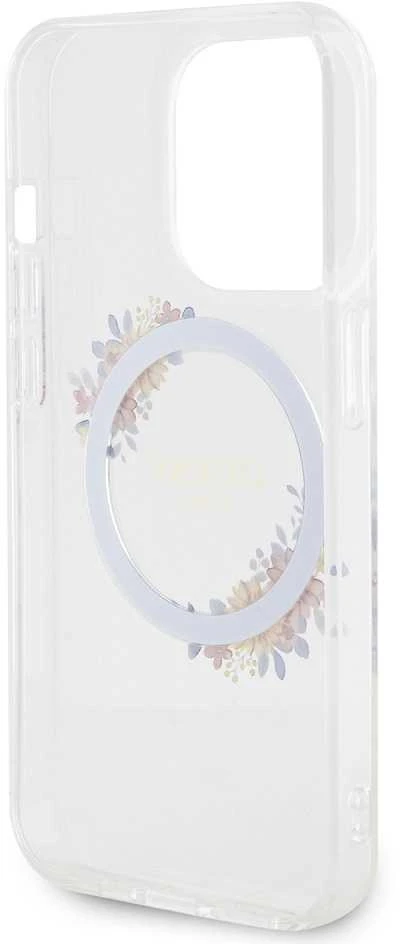 GUESS GUHMP15XHFWFFCT IPHONE 15 PRO MAX 6,7 col. permatomas kietas dėklas IML FLOWERS WREATCH MAGSAFE
