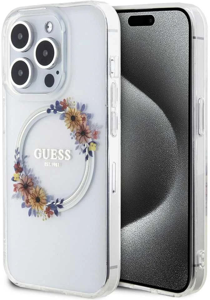 GUESS GUHMP15XHFWFFCT IPHONE 15 PRO MAX 6,7 col. permatomas kietas dėklas IML FLOWERS WREATCH MAGSAFE