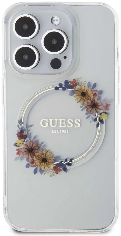 GUESS GUHMP15XHFWFFCT IPHONE 15 PRO MAX 6,7 col. permatomas kietas dėklas IML FLOWERS WREATCH MAGSAFE