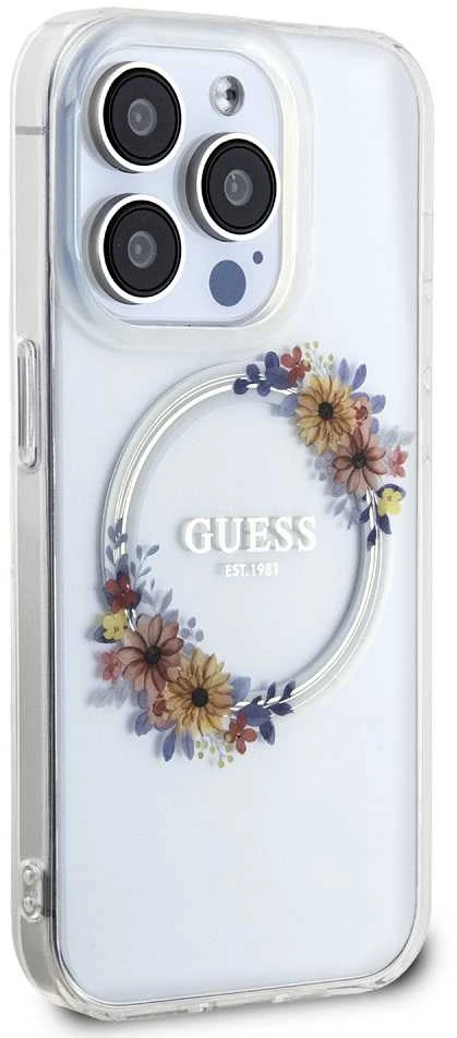 GUESS GUHMP15XHFWFFCT IPHONE 15 PRO MAX 6,7 col. permatomas kietas dėklas IML FLOWERS WREATCH MAGSAFE