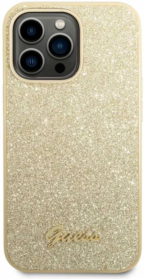 Guess GUHCP14LHGGSHD iPhone 14 Pro 6,1″ auksinis kietas dėklas Glitter Script