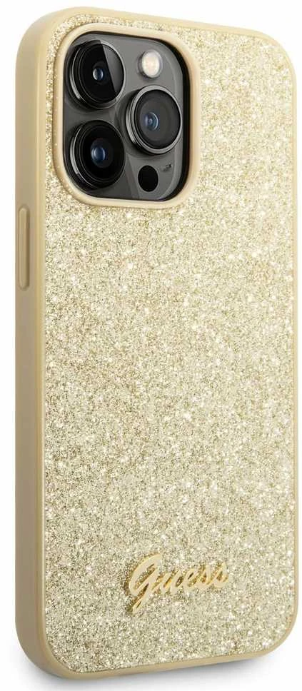 Guess GUHCP14LHGGSHD iPhone 14 Pro 6,1″ auksinis kietas dėklas Glitter Script