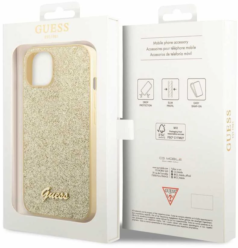 Dėklas GUESS GUHCP14MHGGSHD IPHONE 14 PLUS / 15 PLUS 6.7 "GOLD / GOLD HARD CASE GLITTER SCRIPT
