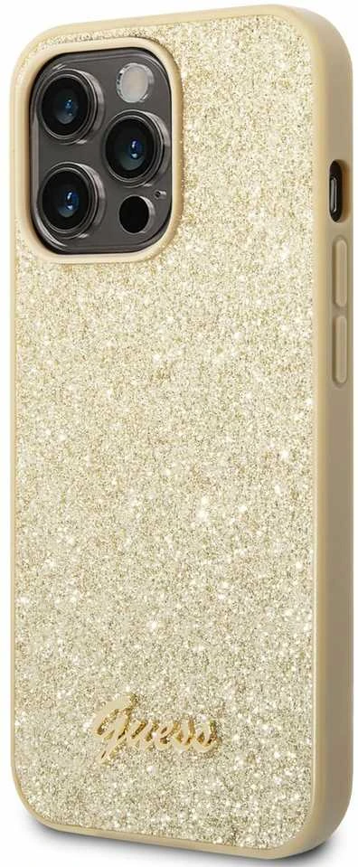 Guess GUHCP14LHGGSHD Apple iPhone 14 Pro 6,1″ auksinis kietas dėklas Glitter Script