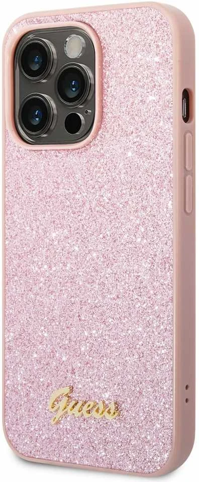 Guess GUHCP14XHGGSHP Apple iPhone 14 Pro Max 6,7" dėklas telefonui rožinės spalvos hard case Glitter Script