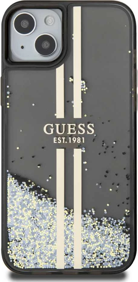 Guess GUHCP15MLFCSEGK Apple iPhone 15 Plus /14 Plus 6.7″ juodos spalvos kietas dėklas Liquid Glitter Gold Stripes