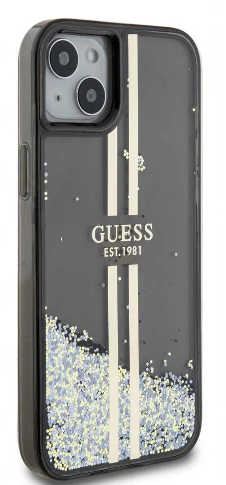 Guess GUHCP15MLFCSEGK Apple iPhone 15 Plus /14 Plus 6.7″ juodos spalvos kietas dėklas Liquid Glitter Gold Stripes