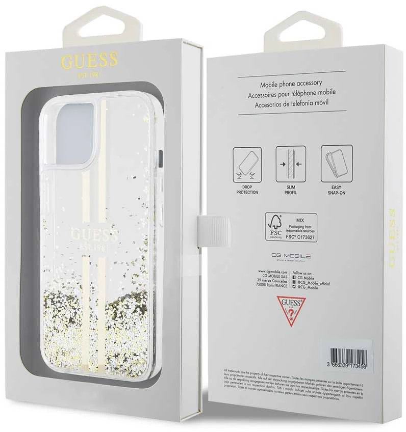Guess GUHCP15MLFCSEGT Apple iPhone 15 Plus /14 Plus 6.7″ skaidrus kietas dėklas Liquid Glitter Gold Stripes