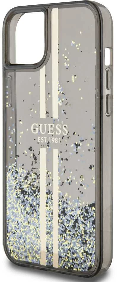 Guess GUHCP15MLFCSEGK Apple iPhone 15 Plus /14 Plus 6.7″ juodos spalvos kietas dėklas Liquid Glitter Gold Stripes
