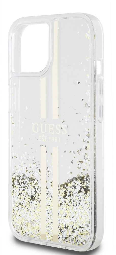 Guess GUHCP15MLFCSEGT Apple iPhone 15 Plus /14 Plus 6.7″ skaidrus kietas dėklas Liquid Glitter Gold Stripes
