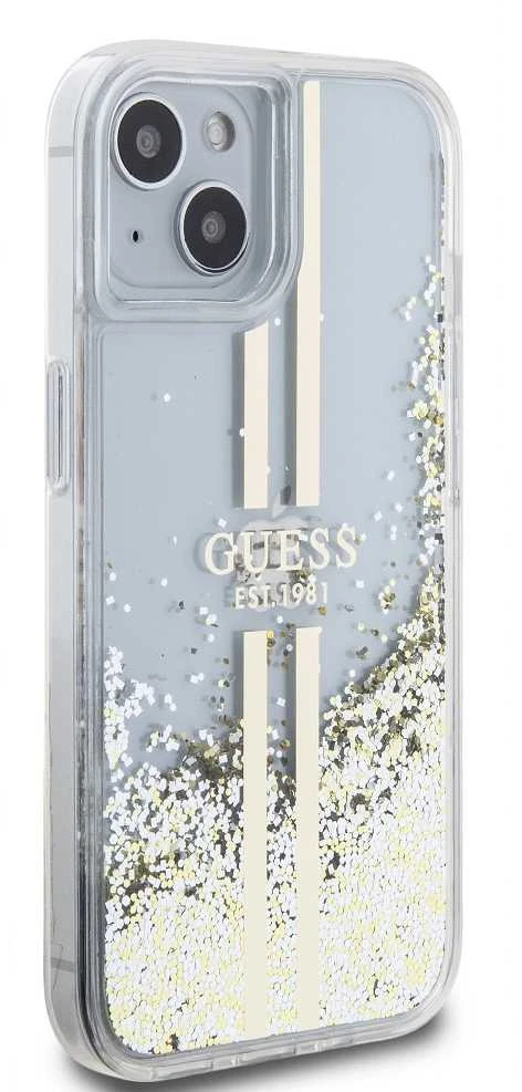 Guess GUHCP15MLFCSEGT Apple iPhone 15 Plus /14 Plus 6.7″ skaidrus kietas dėklas Liquid Glitter Gold Stripes