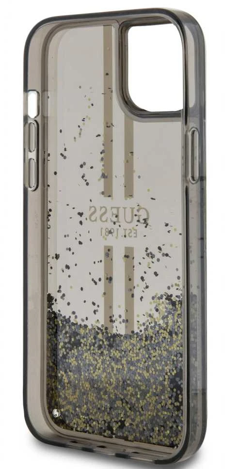 Guess GUHCP15MLFCSEGK Apple iPhone 15 Plus /14 Plus 6.7″ juodos spalvos kietas dėklas Liquid Glitter Gold Stripes