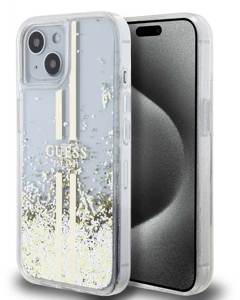 Guess GUHCP15MLFCSEGT Apple iPhone 15 Plus /14 Plus 6.7″ skaidrus kietas dėklas Liquid Glitter Gold Stripes
