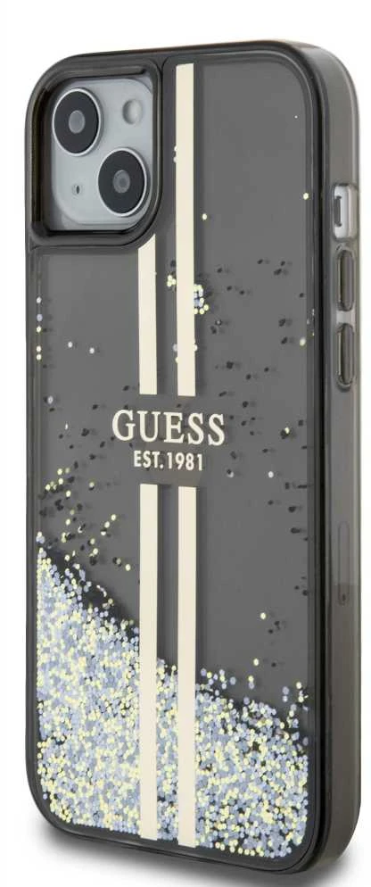 Guess GUHCP15MLFCSEGK Apple iPhone 15 Plus /14 Plus 6.7″ juodos spalvos kietas dėklas Liquid Glitter Gold Stripes