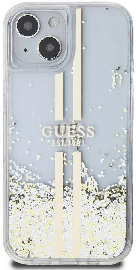 Guess GUHCP15MLFCSEGT Apple iPhone 15 Plus /14 Plus 6.7″ skaidrus kietas dėklas Liquid Glitter Gold Stripes
