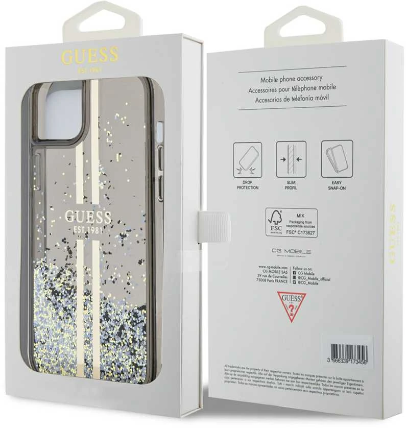 Guess GUHCP15MLFCSEGK Apple iPhone 15 Plus /14 Plus 6.7″ juodos spalvos kietas dėklas Liquid Glitter Gold Stripes