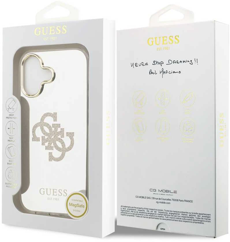 Guess PC/TPU Mirror 4G Glitter Logo MagSafe dėklas skirtas Apple iPhone 17 auksos spalvos
