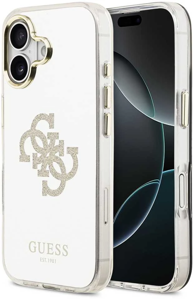 Guess PC/TPU Mirror 4G Glitter Logo MagSafe dėklas skirtas Apple iPhone 17 auksos spalvos