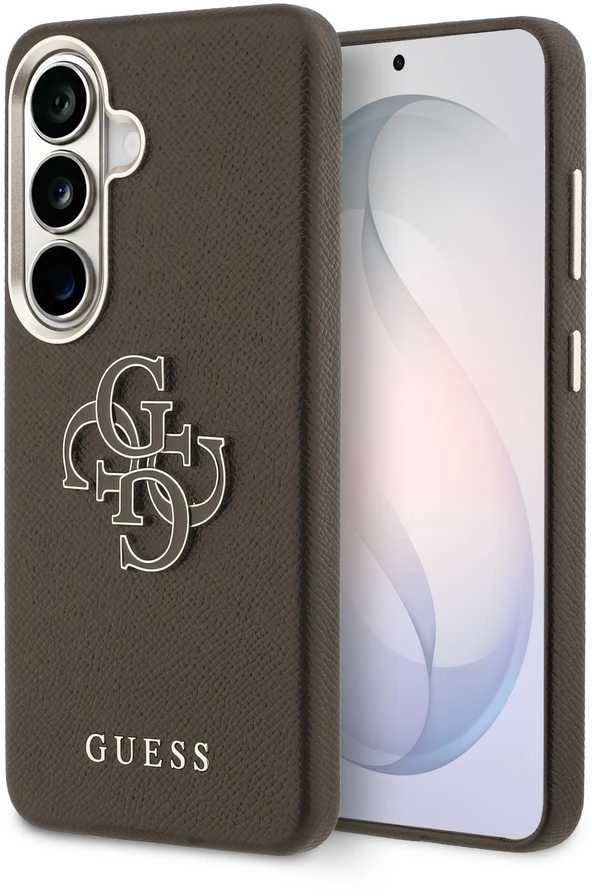 Guess PU 4G Resin Metal Logo dėklas skirtas Samsung Galaxy S26 Brown