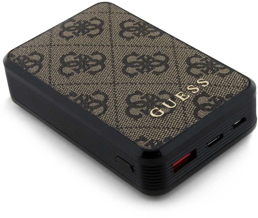 „Guess“ nešiojamoji baterija 18W GUPB10DP4GEGW 10000mAh rudos spalvos 4G odinis metalinis logotipas