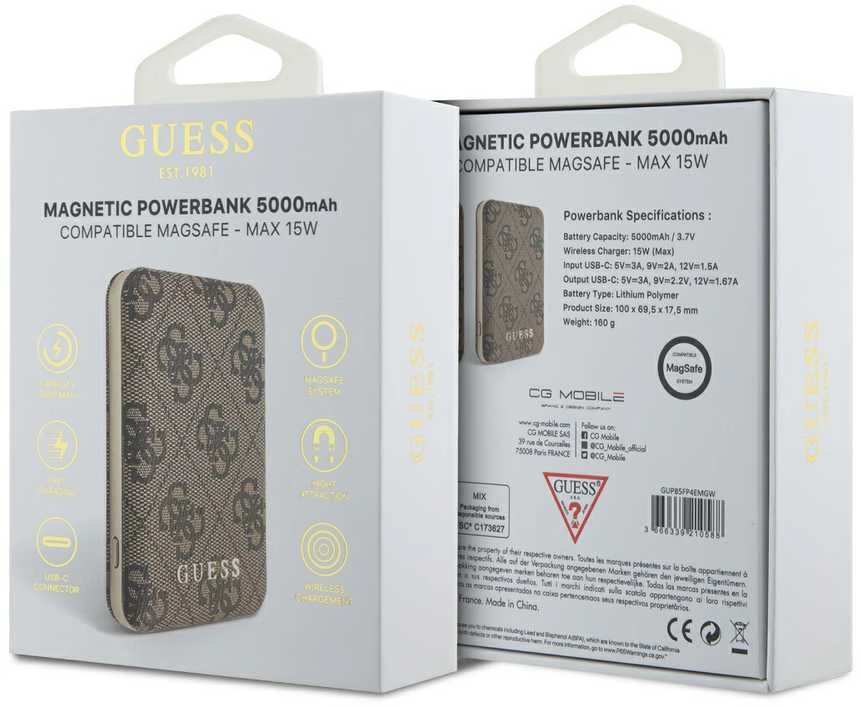 Guess indukcinė išorinė baterija 15W GUPB5FP4EMGW 5000mAh rudos spalvos 4G odinis metalinis logotipas MagSafe