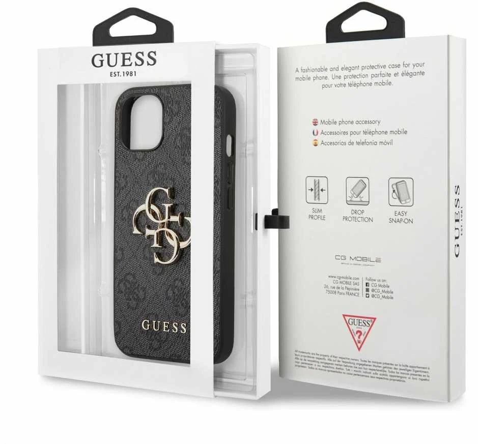 Dėklas Guess PU 4G Metal Logo Case skirtas iPhone 13, pilkas