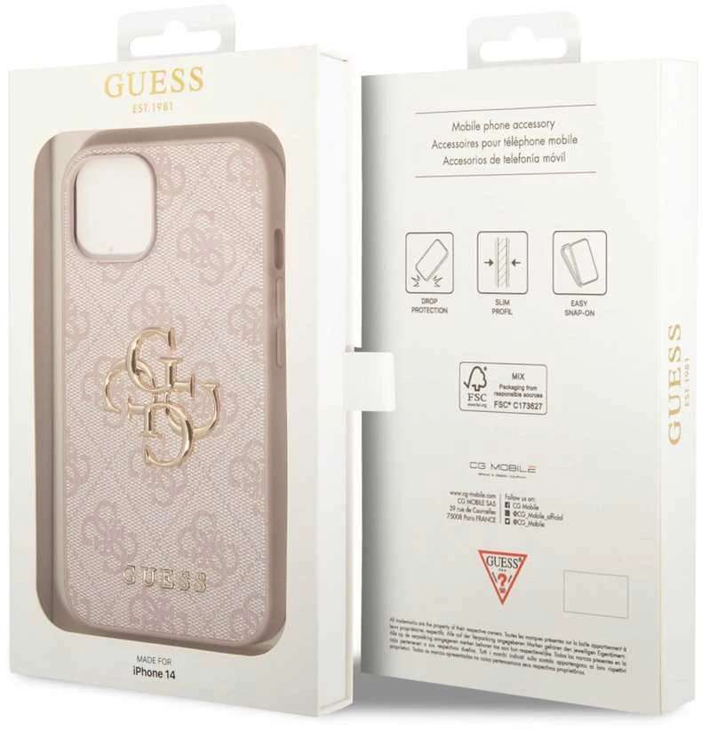 Guess PU 4G Metal Logo dėklas skirtas Apple iPhone 14 rožinės spalvos