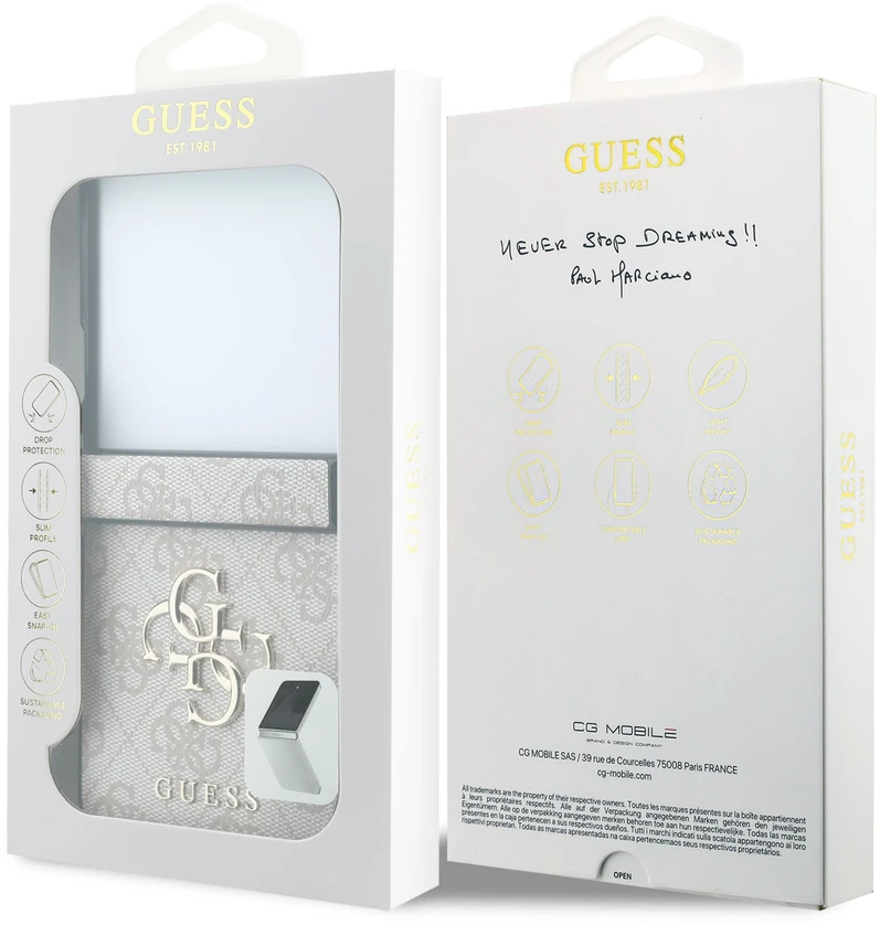 Guess PU 4G Metal Logo dėklas Samsung Galaxy Z Flip 8 rožinės spalvos