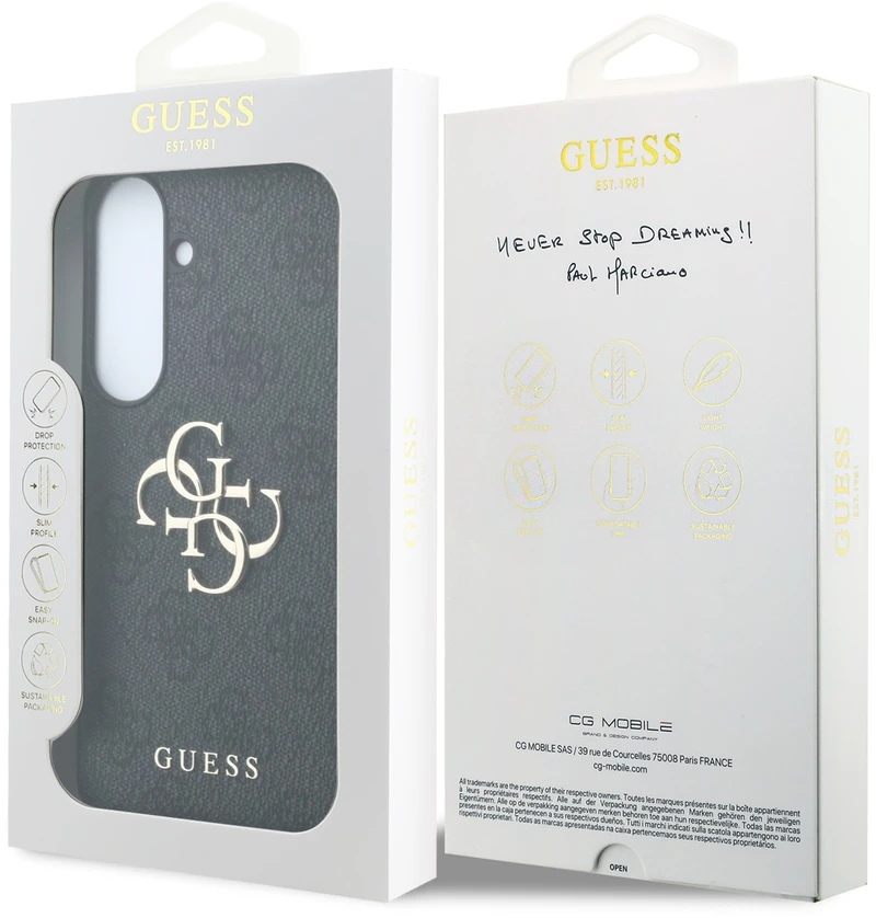 Guess PU 4G Metal Logo dėklas Samsung Galaxy S26 FE telefonui, juodas
