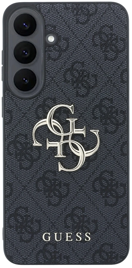 Guess PU 4G Metal Logo dėklas Samsung Galaxy S26 FE telefonui, juodas