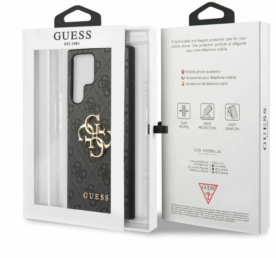 Guess PU 4G Metal Logo dėklas skirtas Samsung Galaxy S23 Ultra pilkos spalvos