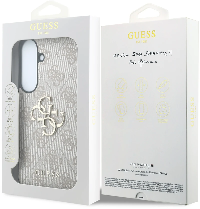 Guess PU 4G Metal Logo dėklas, skirtas Samsung Galaxy S26 FE, rožinis